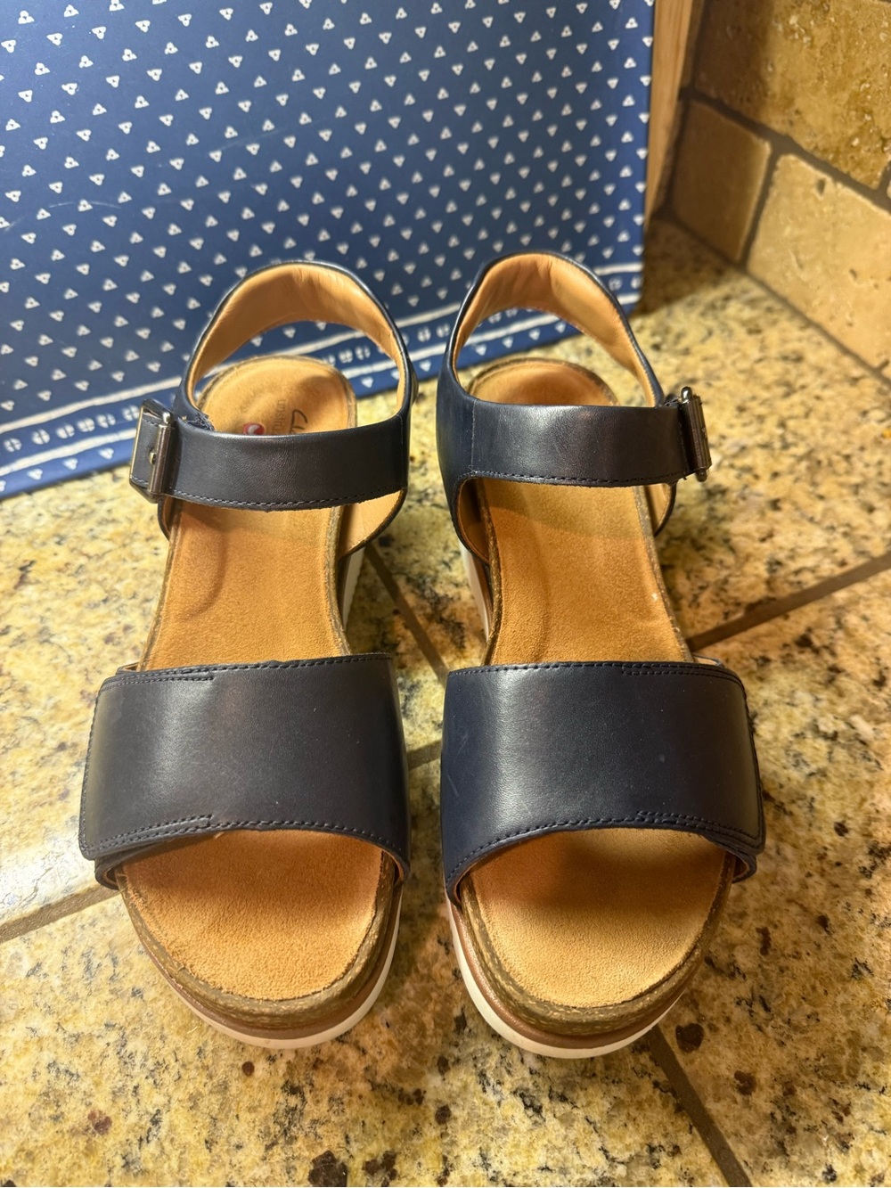 Clarks Navy Platform Wedge Sandals with Velcro/Buckle strap - Picture 3 of 9
